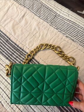 Zara Green Quilted Shoulder Bag with Gold Chain